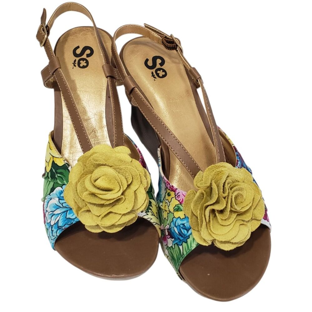SO Women's Colorful Floral Open Toe Wedge Sandal, Size 8 M